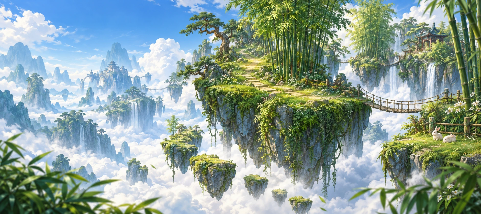 云海之上的竹海浮岛，竹影与石桥相连