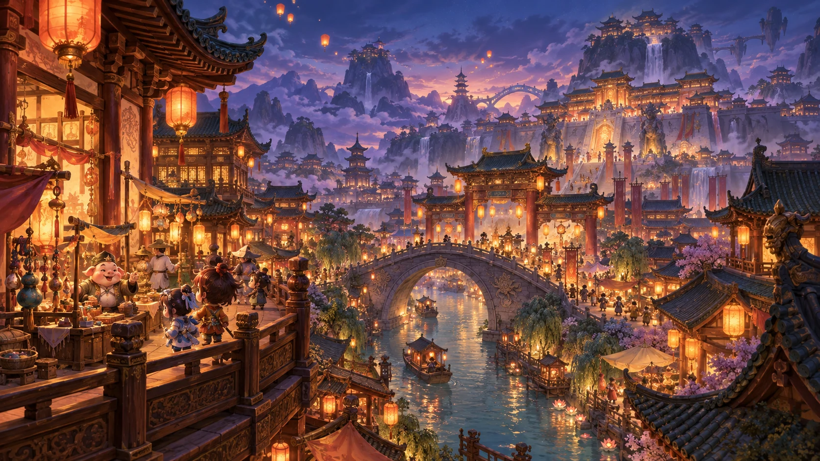 长安夜市，灯影与河道两岸的楼阁